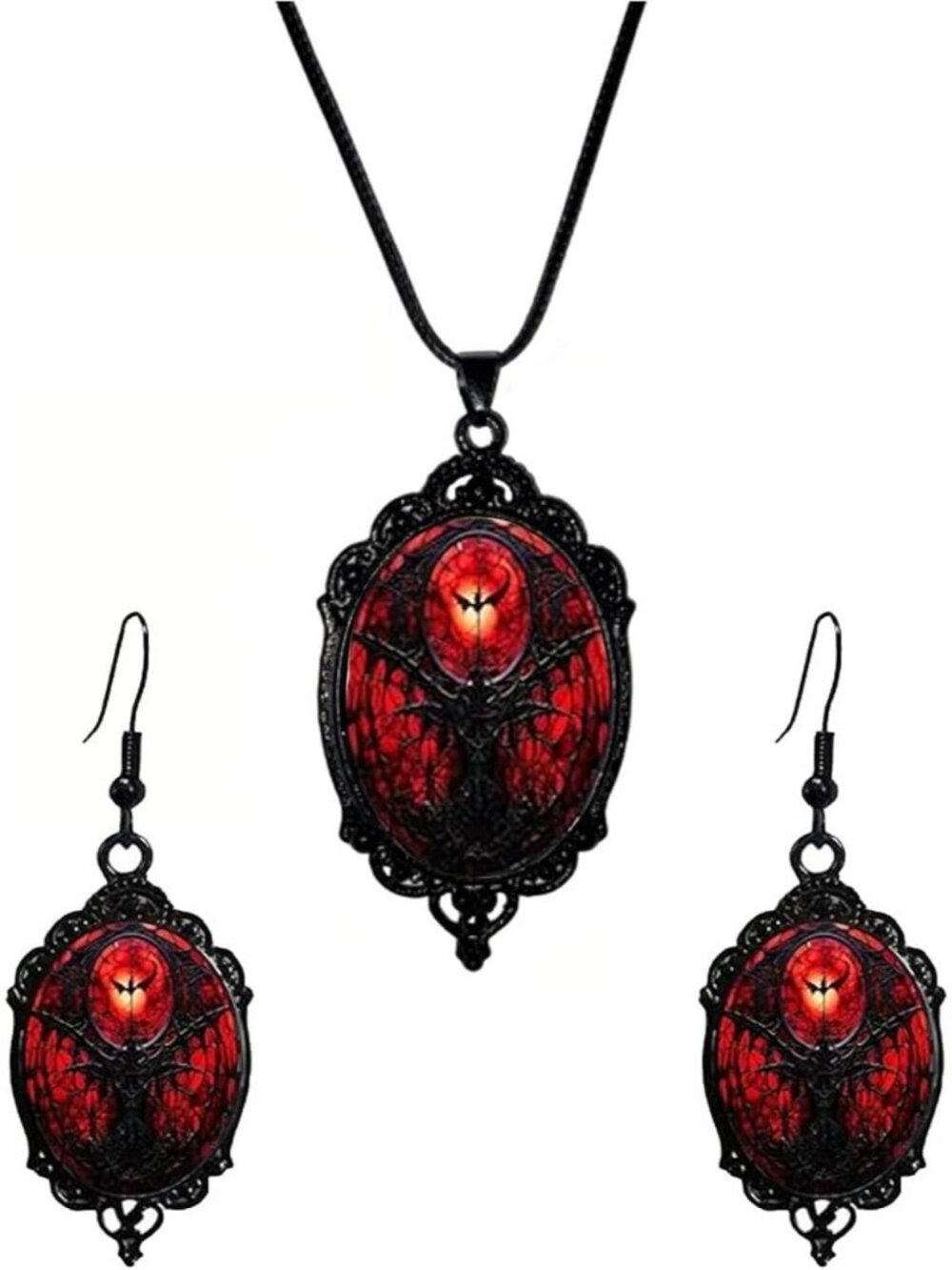 Vintage Gothic Raven Bat Witch Jewelry Set Cameo Necklace Earrings- B6:Red Bat